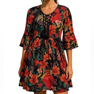 Johnny Was Hibiscus silk lace up bodice dress NWT Oversized